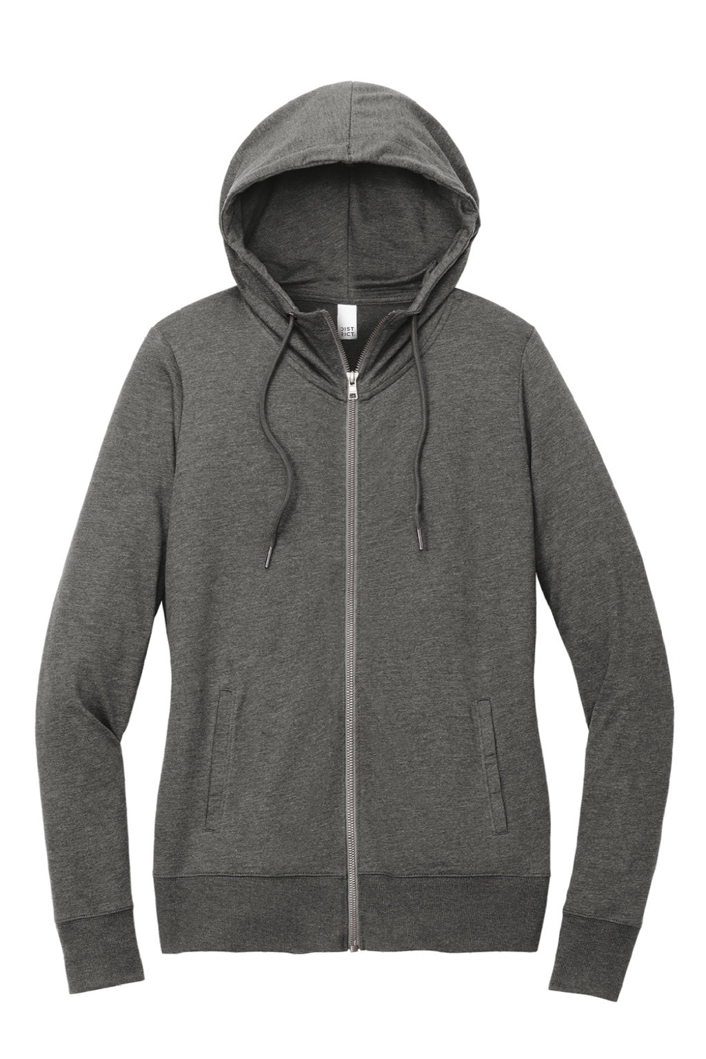 District DT673 Womens French Terry Full Zip Hooded Sweatshirt Hoodie w/ Pockets Washed Coal Grey Flat Front