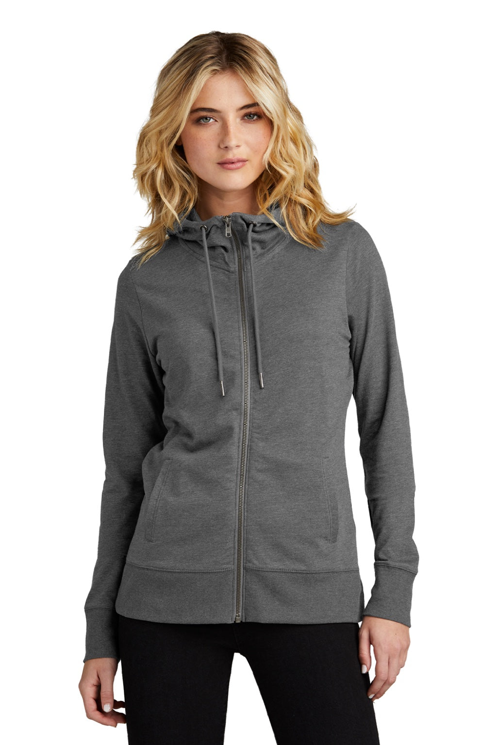 District DT673 Womens French Terry Full Zip Hooded Sweatshirt Hoodie w/ Pockets Washed Coal Grey Model Front