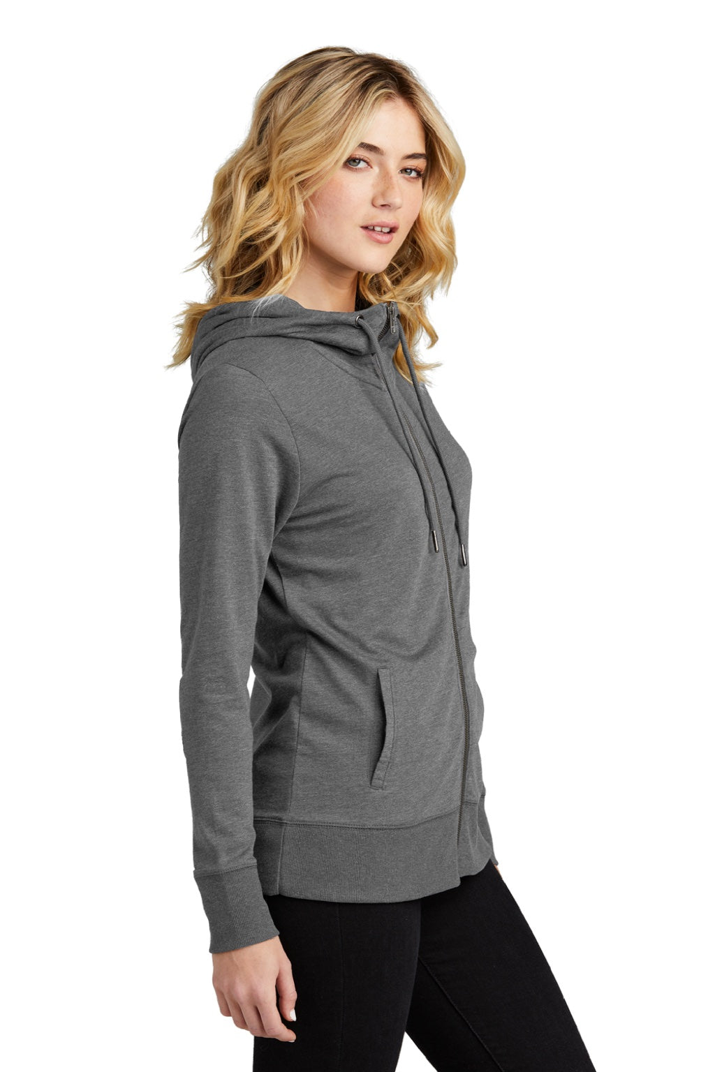 District DT673 Womens French Terry Full Zip Hooded Sweatshirt Hoodie w/ Pockets Washed Coal Grey Model Side