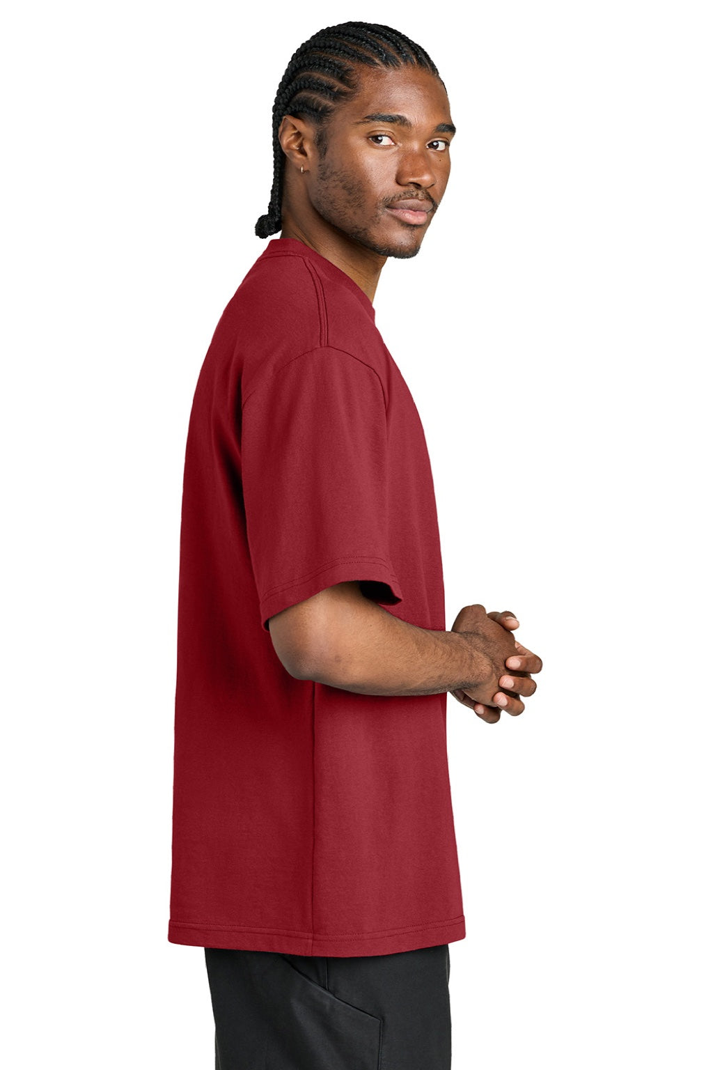 District DT7075 Mens Gritty Short Sleeve Crewneck T-Shirt Cherrywood Red Model Side