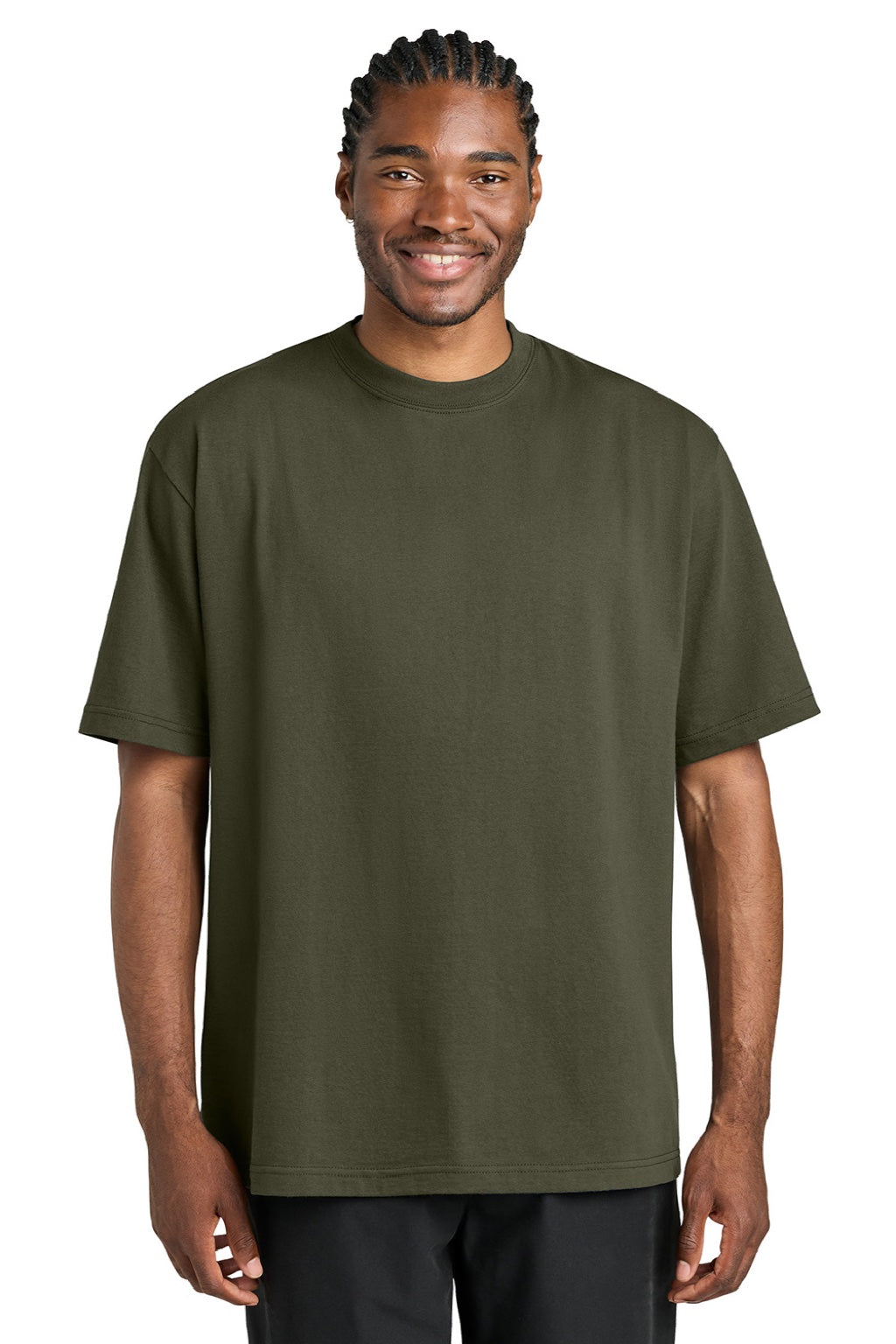 District DT7075 Mens Gritty Short Sleeve Crewneck T-Shirt Dark Olive Green Model Front