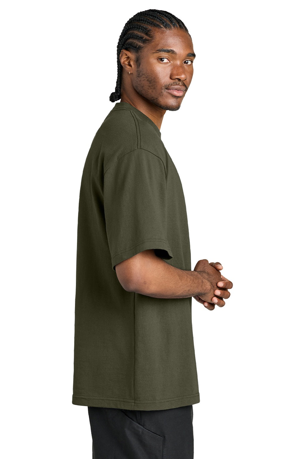 District DT7075 Mens Gritty Short Sleeve Crewneck T-Shirt Dark Olive Green Model Side
