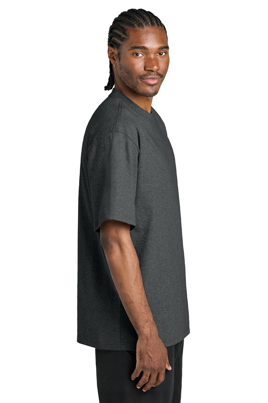 District DT7075 Mens Gritty Short Sleeve Crewneck T-Shirt Heather Charcoal Grey Model Side