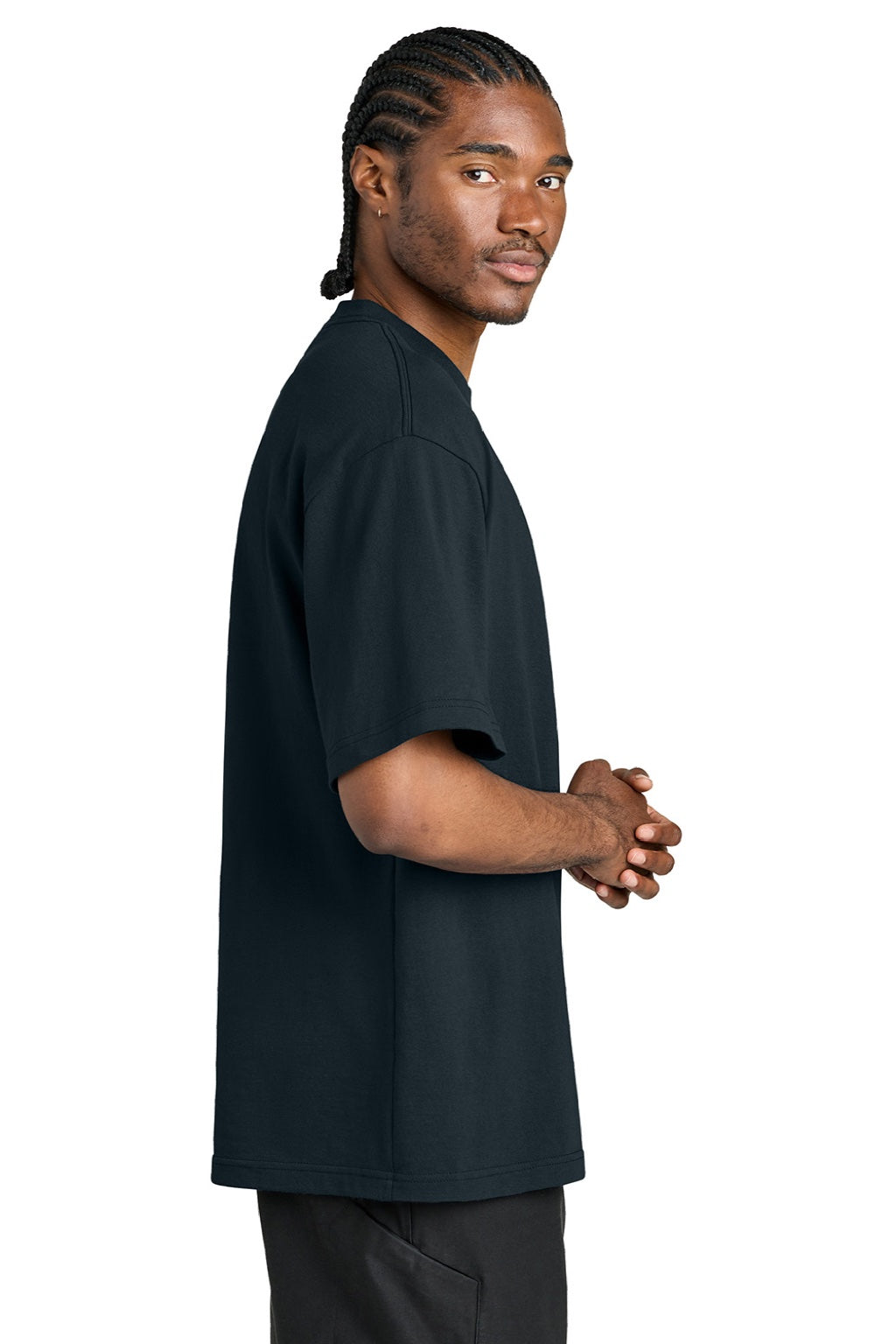 District DT7075 Mens Gritty Short Sleeve Crewneck T-Shirt Navy Blue Model Side