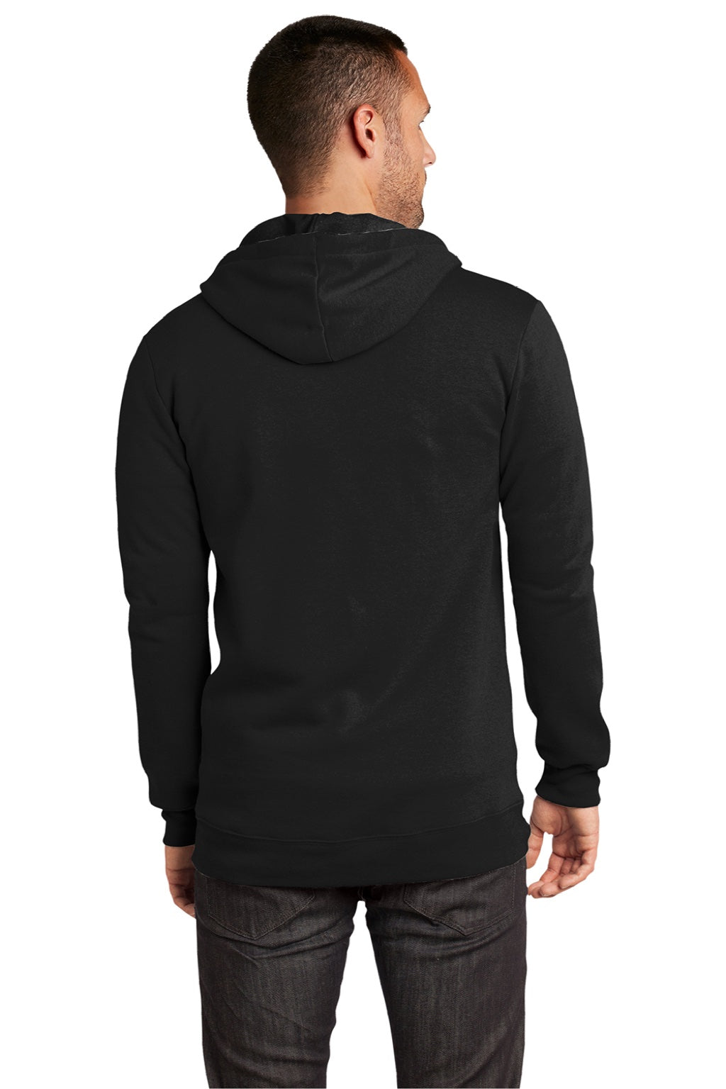 District DT800 Mens The Concert Fleece Full Zip Hooded Sweatshirt Hoodie w/ Pockets Black Model Back