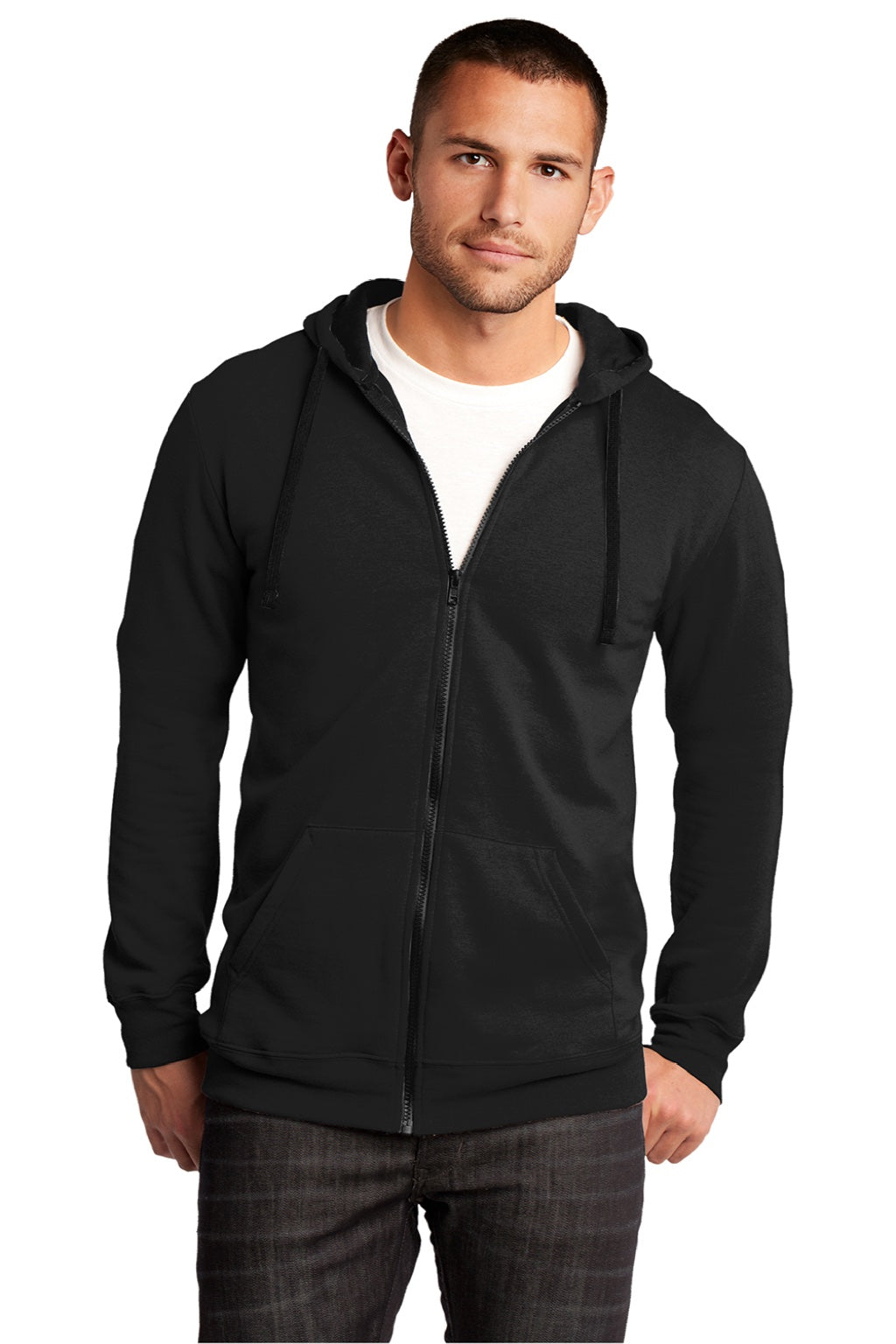 District DT800 Mens The Concert Fleece Full Zip Hooded Sweatshirt Hoodie w/ Pockets Black Model Front
