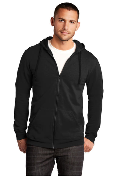 District DT800 Mens The Concert Fleece Full Zip Hooded Sweatshirt Hoodie w/ Pockets Black Model Front