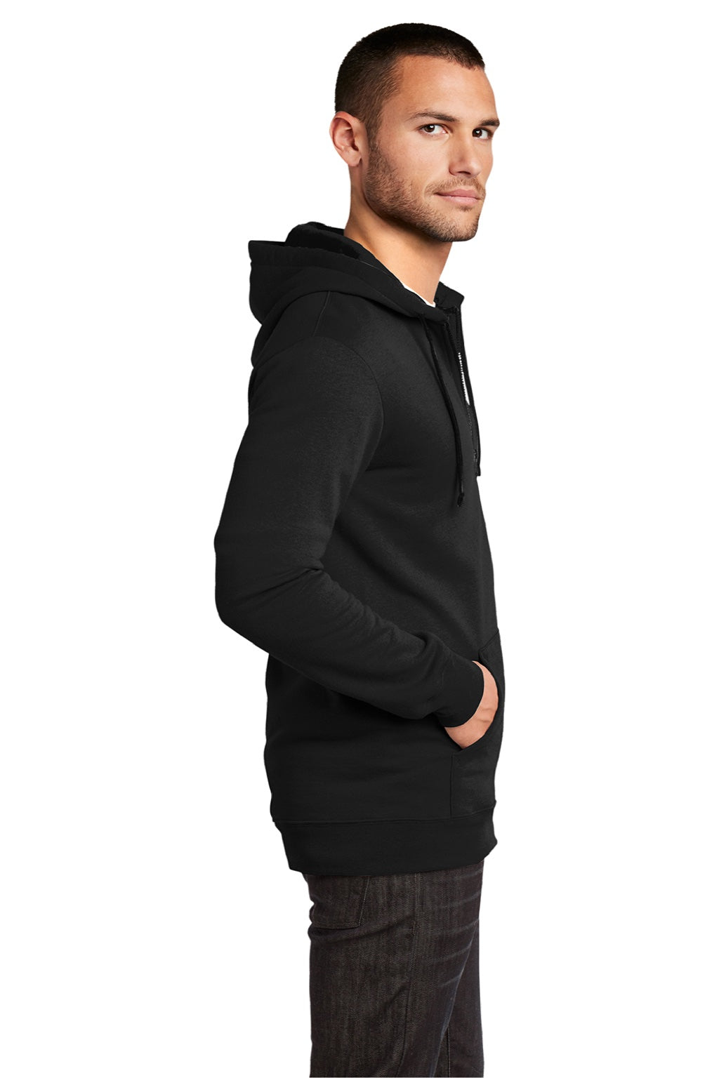 District DT800 Mens The Concert Fleece Full Zip Hooded Sweatshirt Hoodie w/ Pockets Black Model Side