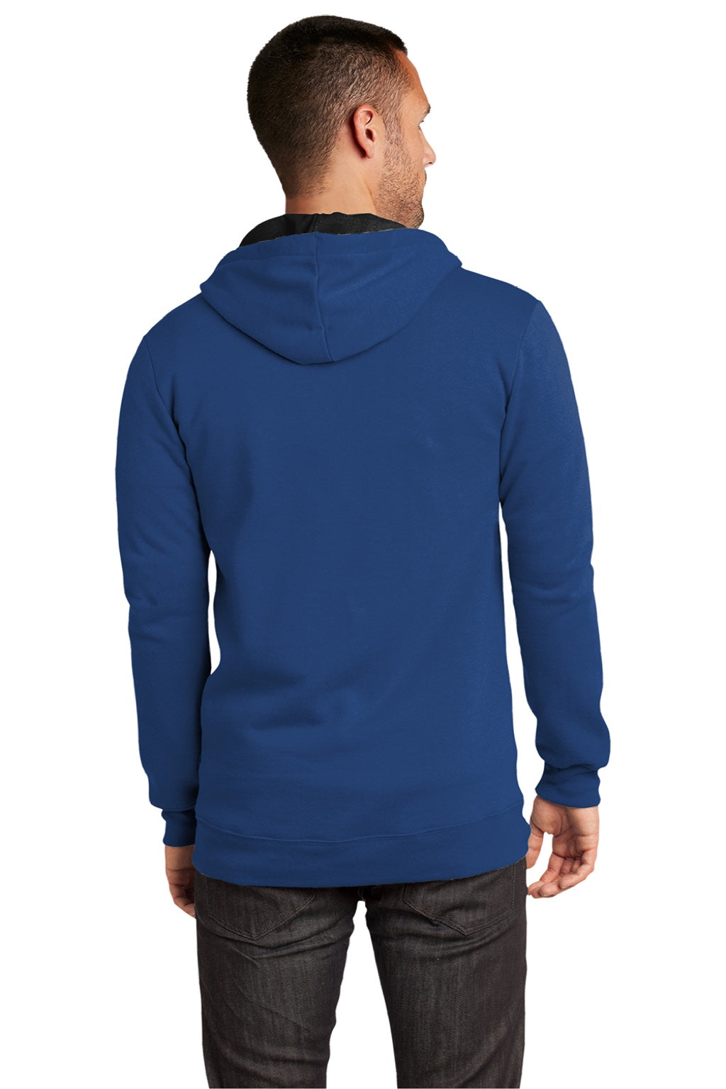 District DT800 Mens The Concert Fleece Full Zip Hooded Sweatshirt Hoodie w/ Pockets Deep Royal Blue Model Back