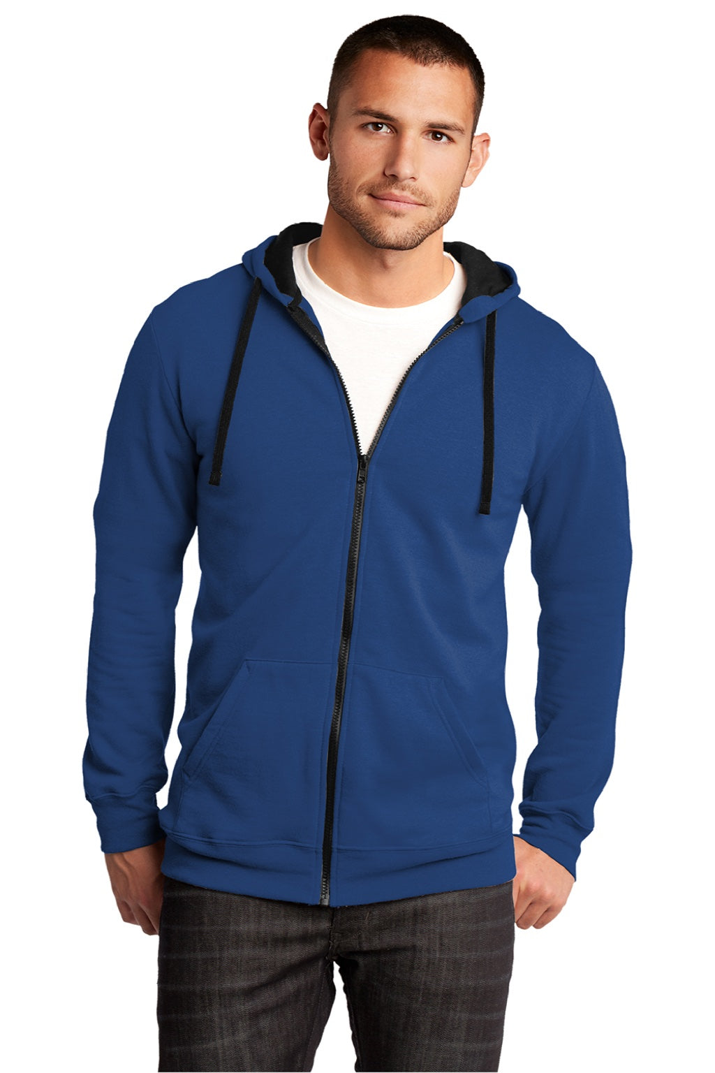 District DT800 Mens The Concert Fleece Full Zip Hooded Sweatshirt Hoodie w/ Pockets Deep Royal Blue Model Front