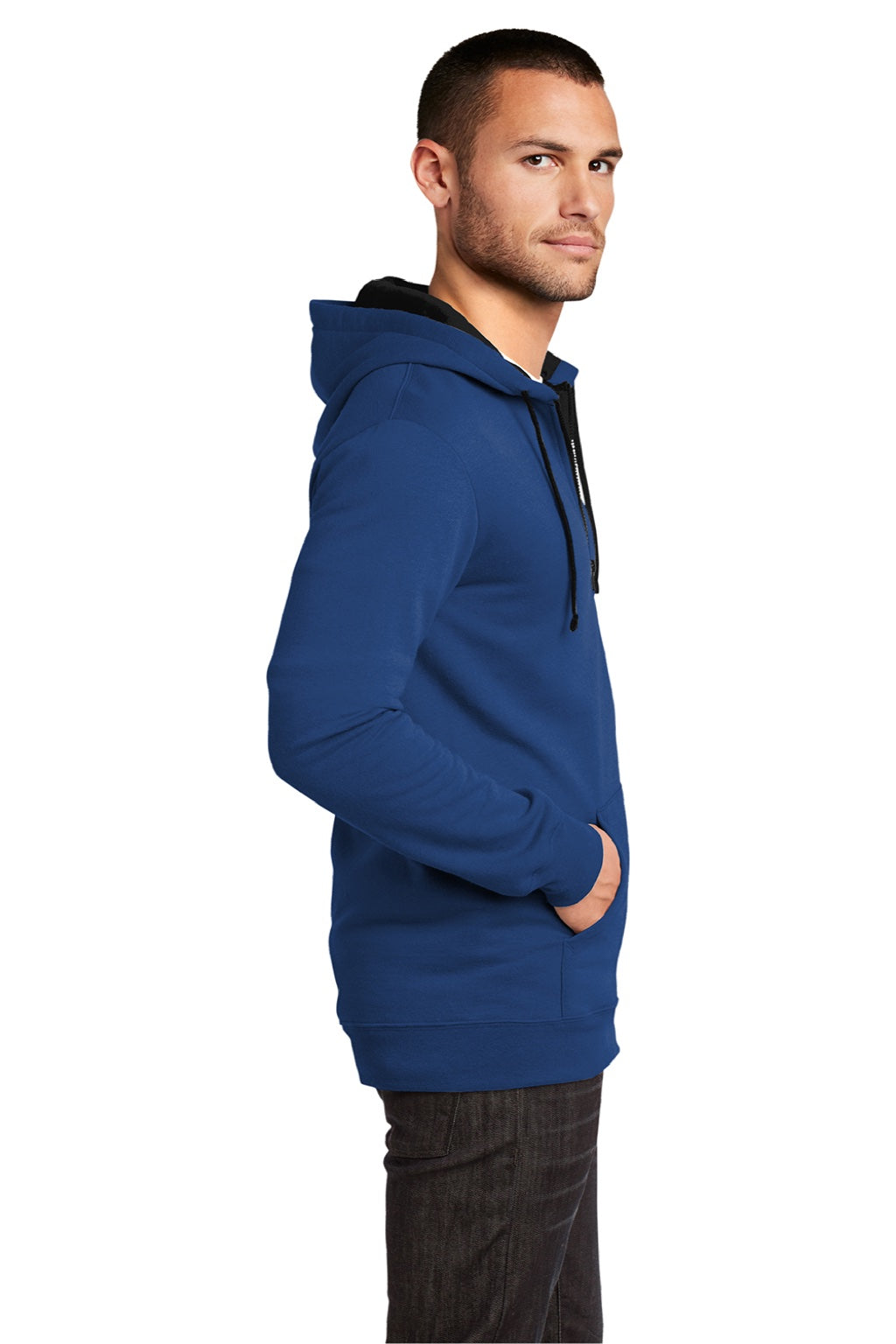 District DT800 Mens The Concert Fleece Full Zip Hooded Sweatshirt Hoodie w/ Pockets Deep Royal Blue Model Side