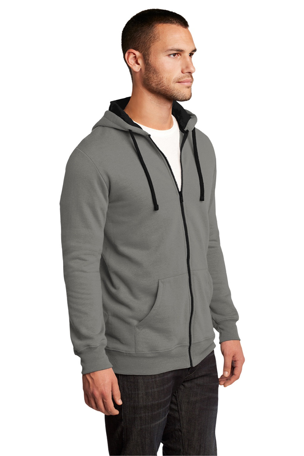 District DT800 Mens The Concert Fleece Full Zip Hooded Sweatshirt Hoodie w/ Pockets Grey Model 3q