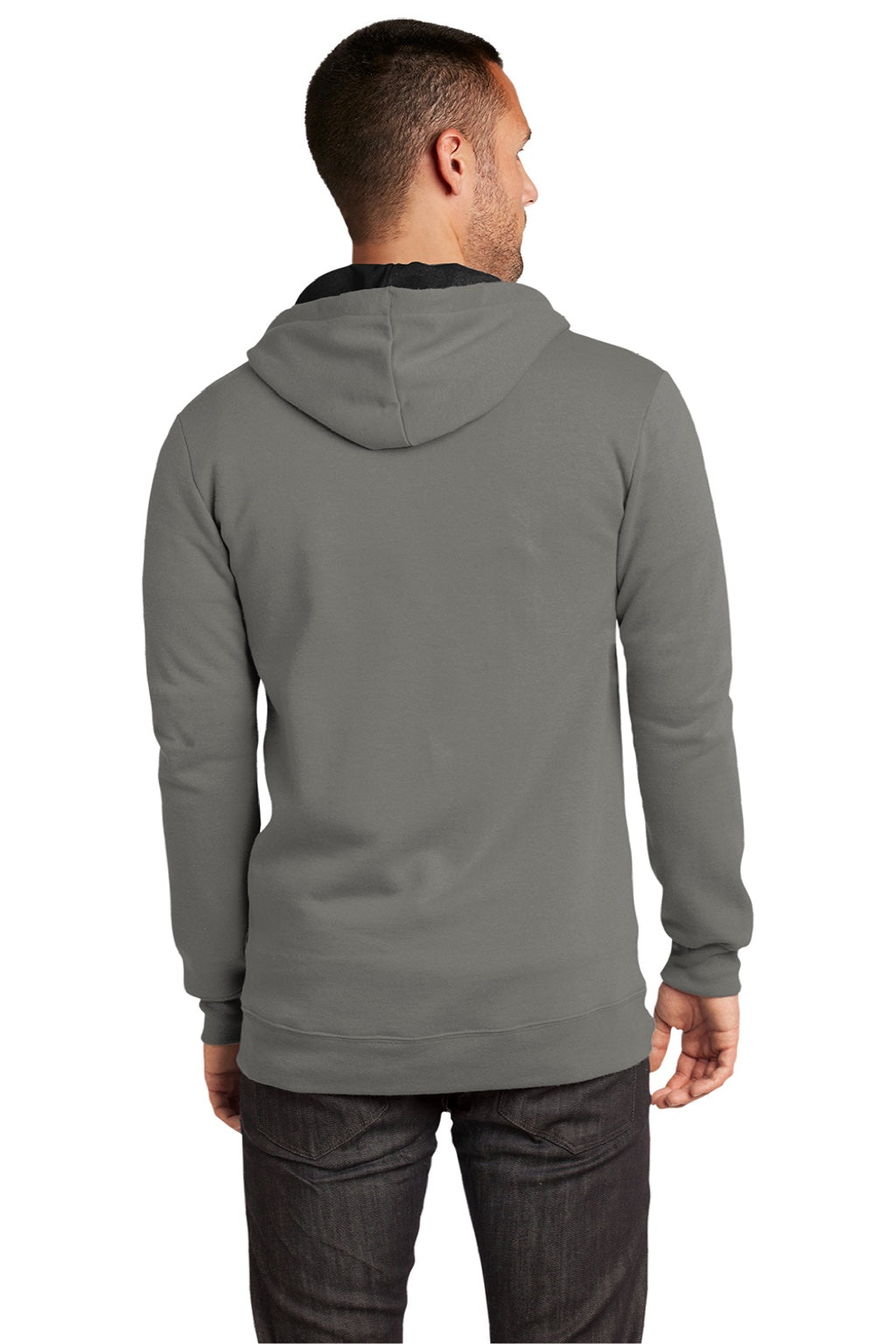 District DT800 Mens The Concert Fleece Full Zip Hooded Sweatshirt Hoodie w/ Pockets Grey Model Back