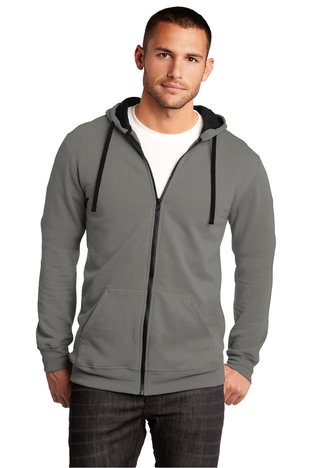 District DT800 Mens The Concert Fleece Full Zip Hooded Sweatshirt Hoodie w/ Pockets Grey Model Front