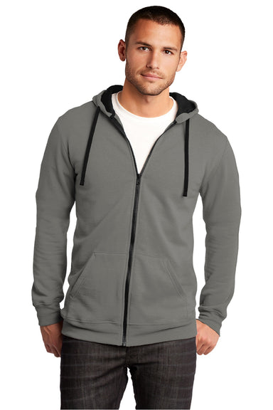 District DT800 Mens The Concert Fleece Full Zip Hooded Sweatshirt Hoodie w/ Pockets Grey Model Front