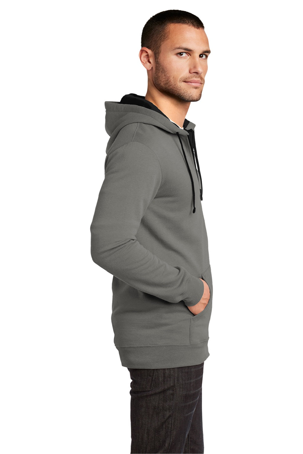 District DT800 Mens The Concert Fleece Full Zip Hooded Sweatshirt Hoodie w/ Pockets Grey Model Side