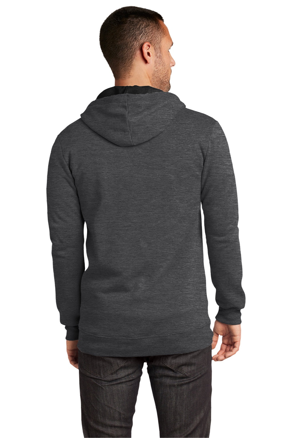 District DT800 Mens The Concert Fleece Full Zip Hooded Sweatshirt Hoodie w/ Pockets Heather Charcoal Grey Model Back