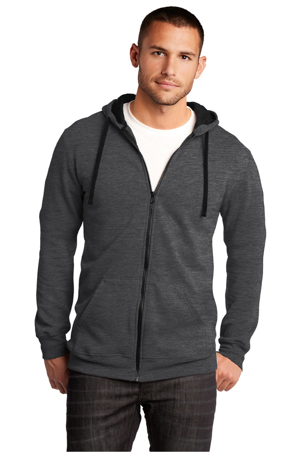 District DT800 Mens The Concert Fleece Full Zip Hooded Sweatshirt Hoodie w/ Pockets Heather Charcoal Grey Model Front