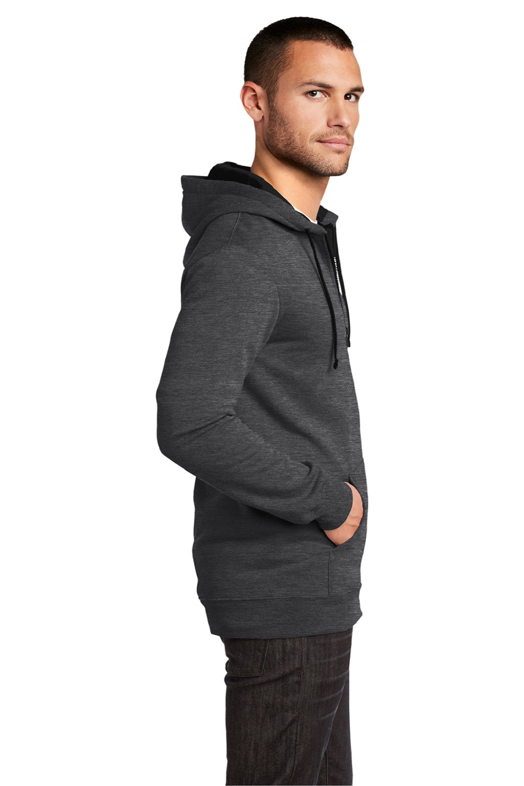 District DT800 Mens The Concert Fleece Full Zip Hooded Sweatshirt Hoodie w/ Pockets Heather Charcoal Grey Model Side