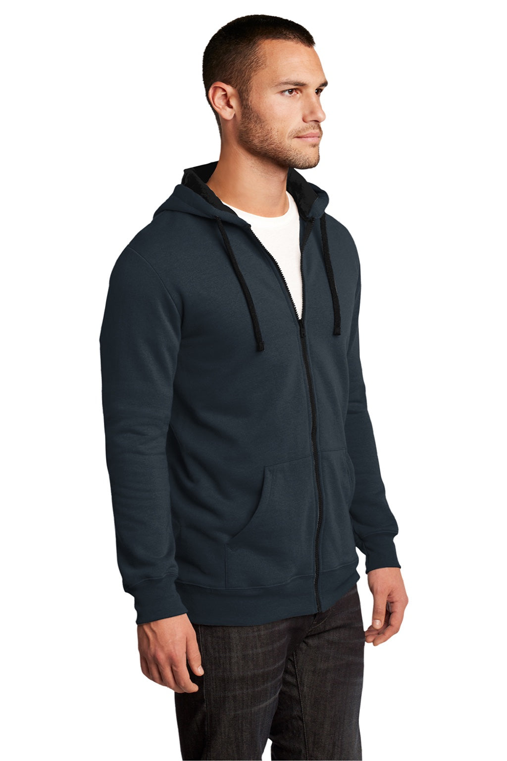 District DT800 Mens The Concert Fleece Full Zip Hooded Sweatshirt Hoodie w/ Pockets New Navy Blue Model 3q