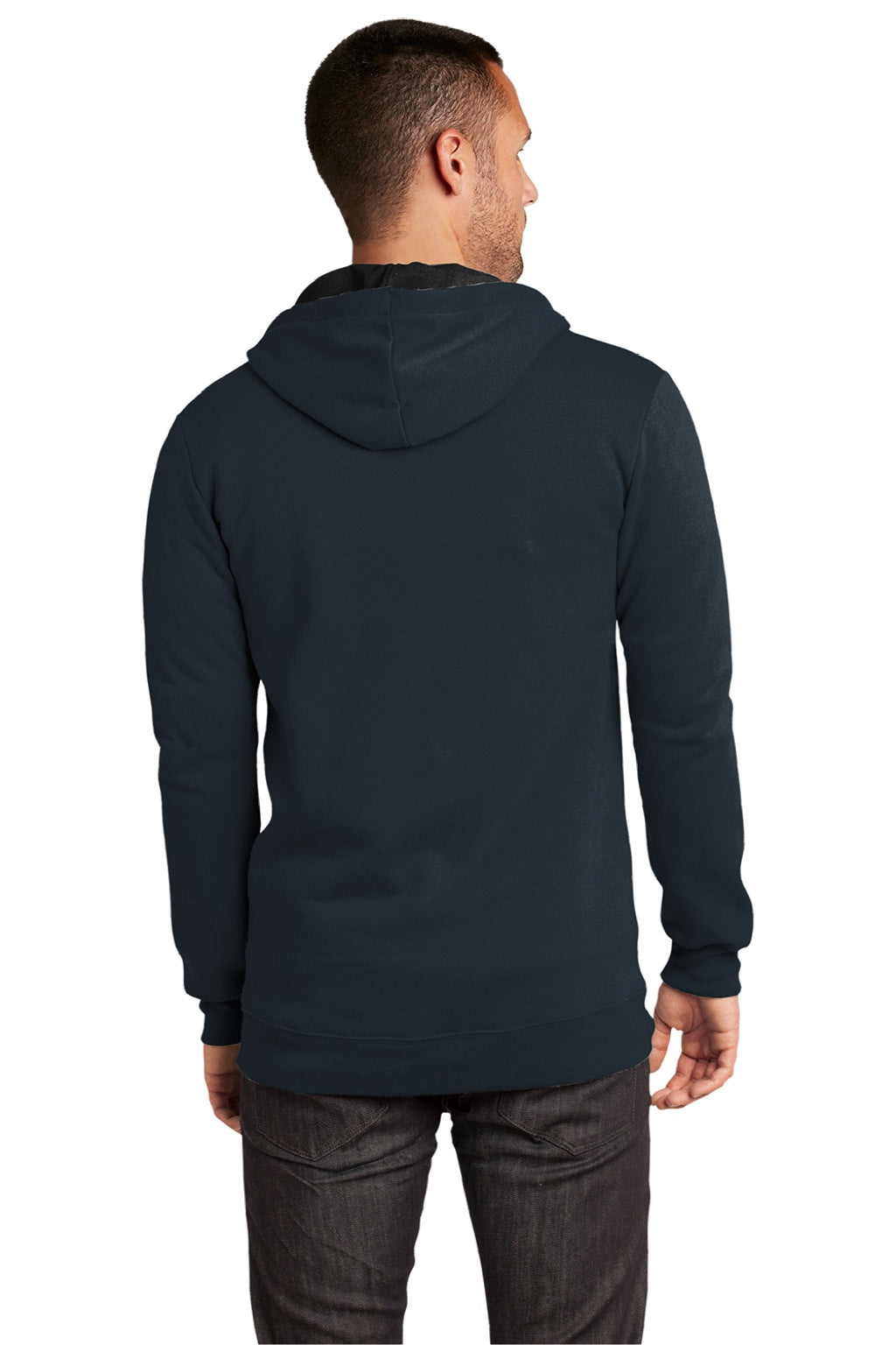 District DT800 Mens The Concert Fleece Full Zip Hooded Sweatshirt Hoodie w/ Pockets New Navy Blue Model Back