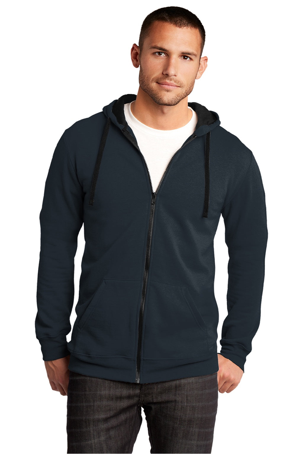 District DT800 Mens The Concert Fleece Full Zip Hooded Sweatshirt Hoodie w/ Pockets New Navy Blue Model Front