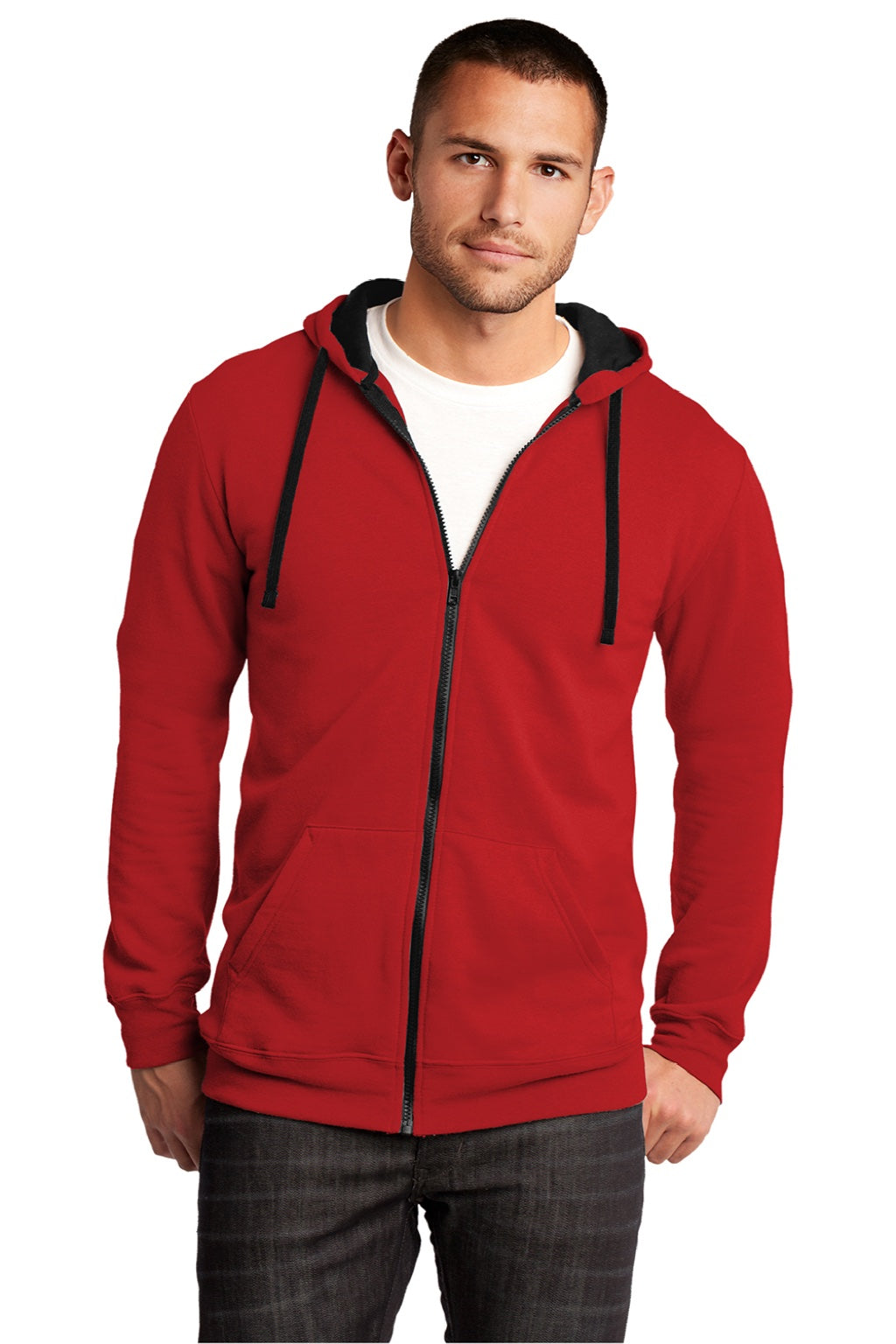 District DT800 Mens The Concert Fleece Full Zip Hooded Sweatshirt Hoodie w/ Pockets New Red Model Front
