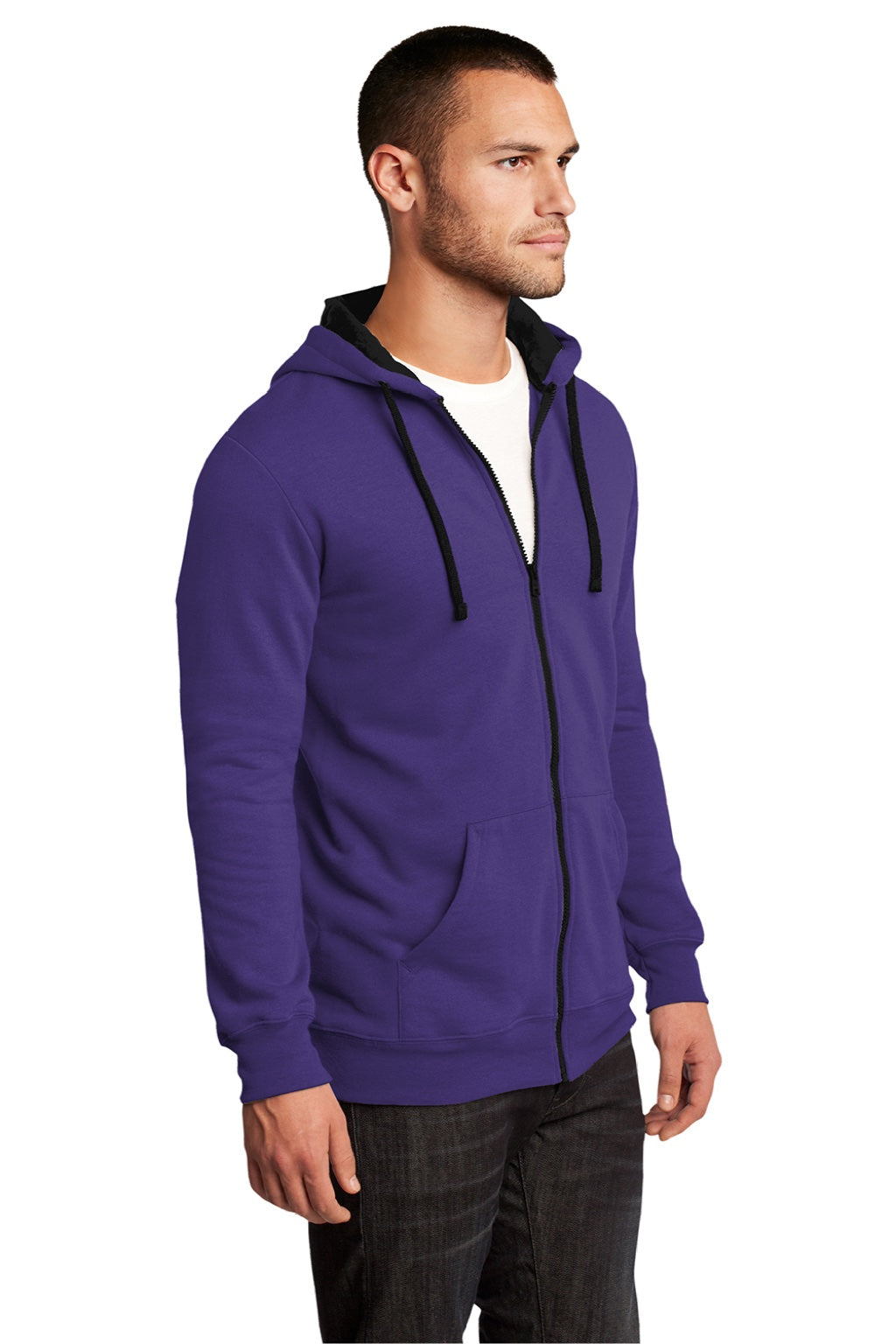 District DT800 Mens The Concert Fleece Full Zip Hooded Sweatshirt Hoodie w/ Pockets Purple Model 3q
