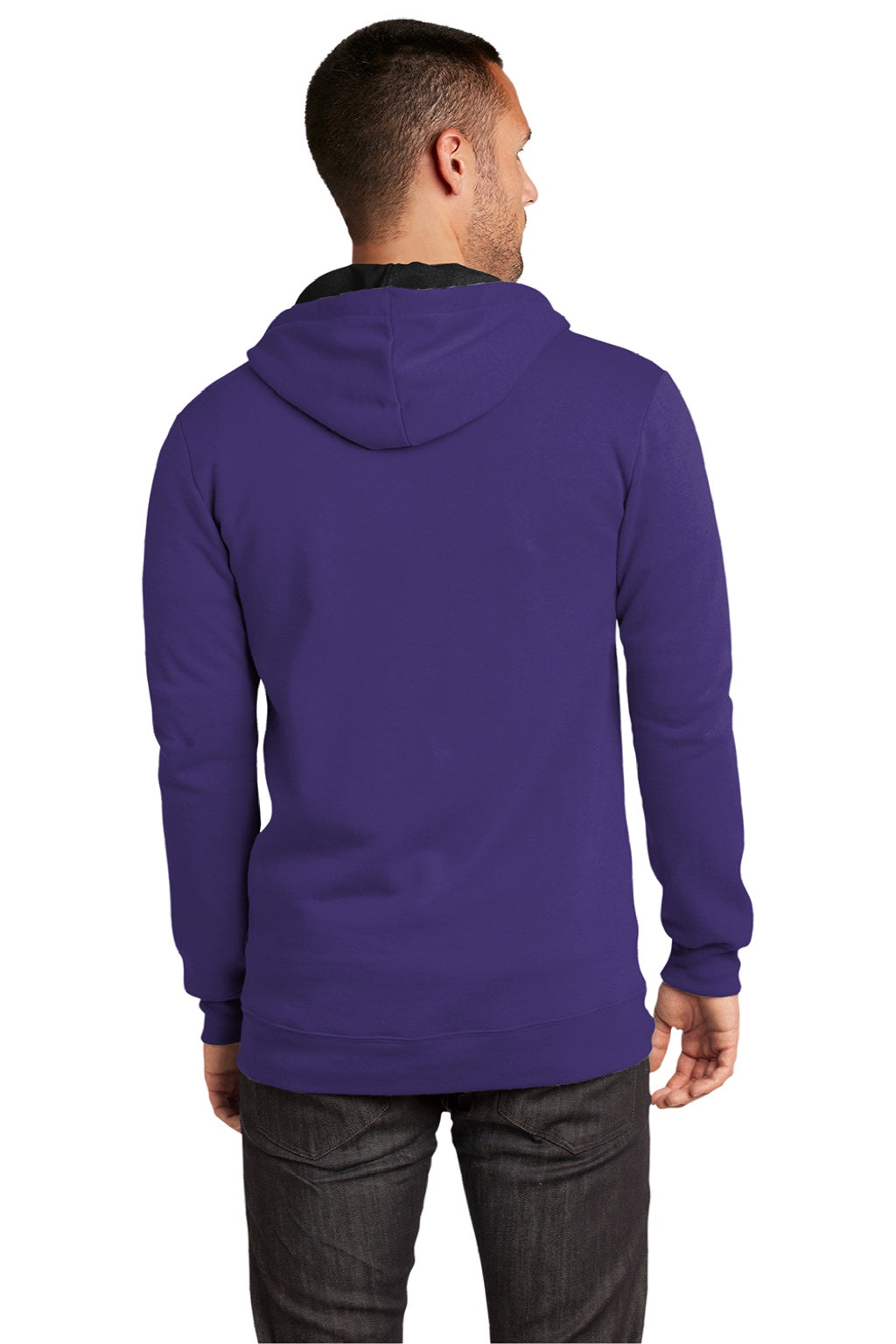 District DT800 Mens The Concert Fleece Full Zip Hooded Sweatshirt Hoodie w/ Pockets Purple Model Back