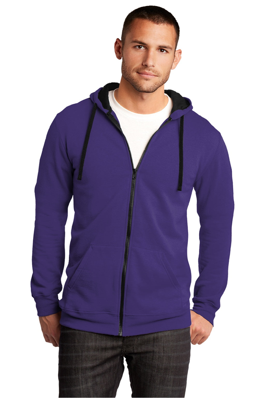 District DT800 Mens The Concert Fleece Full Zip Hooded Sweatshirt Hoodie w/ Pockets Purple Model Front