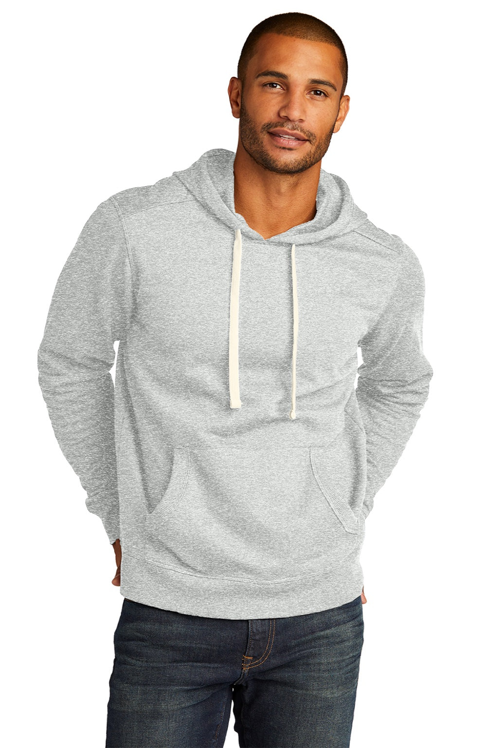 District DT8100 Mens Re-Fleece Hooded Sweatshirt Hoodie w/ Pouch Pocket Ash Grey Model Front