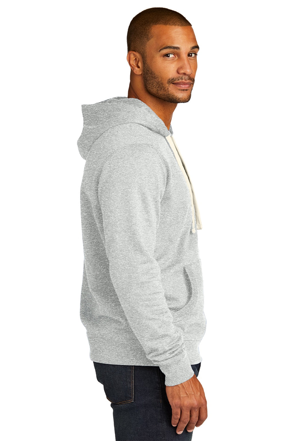 District DT8100 Mens Re-Fleece Hooded Sweatshirt Hoodie w/ Pouch Pocket Ash Grey Model Side