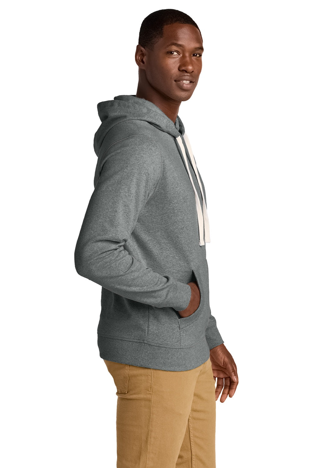 District DT8100 Mens Re-Fleece Hooded Sweatshirt Hoodie w/ Pouch Pocket Heather Deep Grey Model Side
