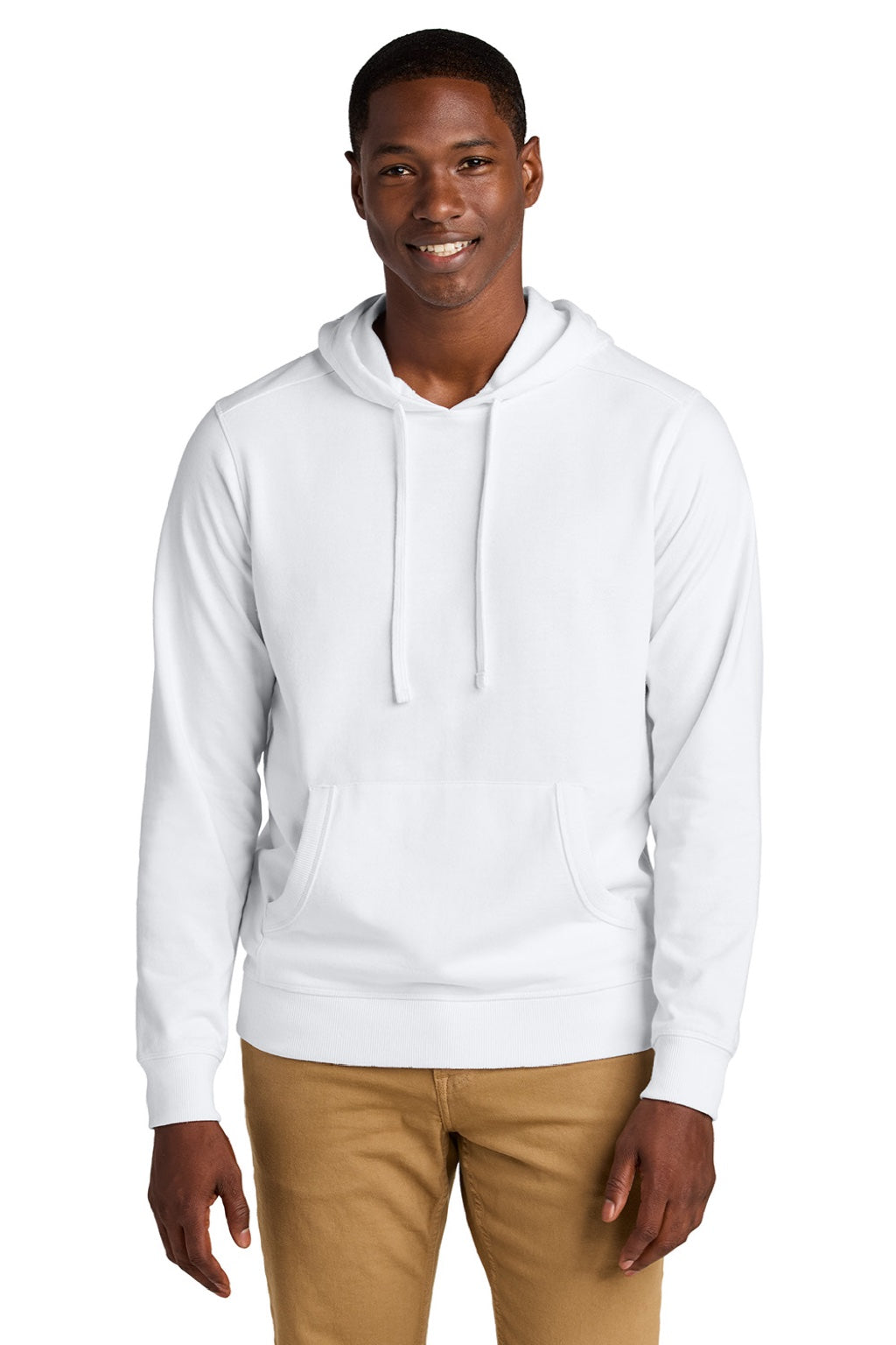 District DT8100 Mens Re-Fleece Hooded Sweatshirt Hoodie w/ Pouch Pocket White Model Front