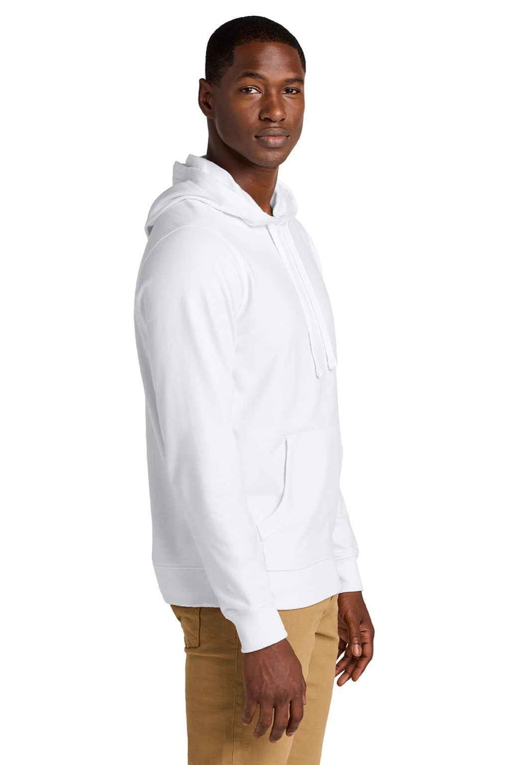 District DT8100 Mens Re-Fleece Hooded Sweatshirt Hoodie w/ Pouch Pocket White Model Side