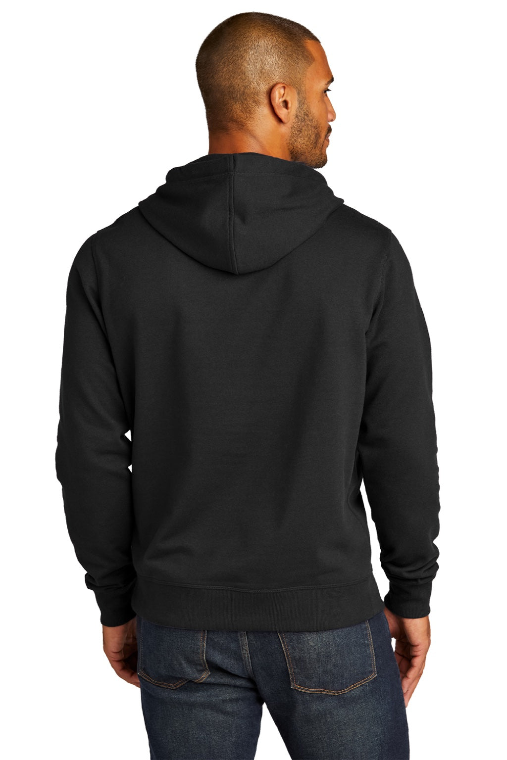 District DT8100 Mens Re-Fleece Hooded Sweatshirt Hoodie w/ Pouch Pocket Black Model Back