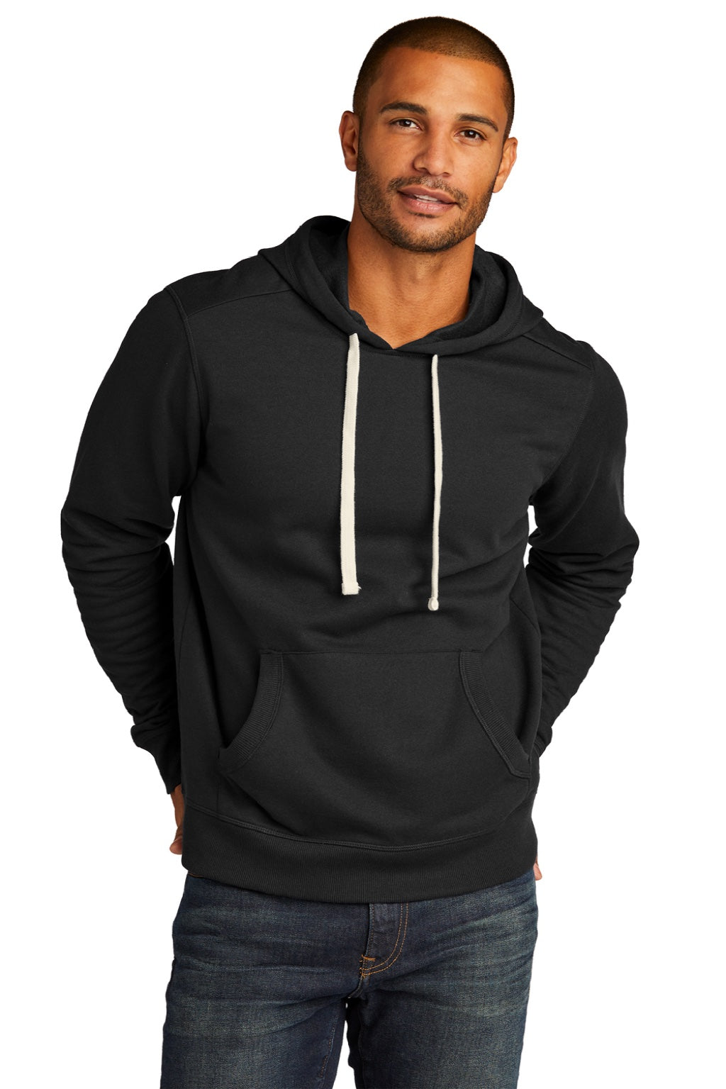 District DT8100 Mens Re-Fleece Hooded Sweatshirt Hoodie w/ Pouch Pocket Black Model Front