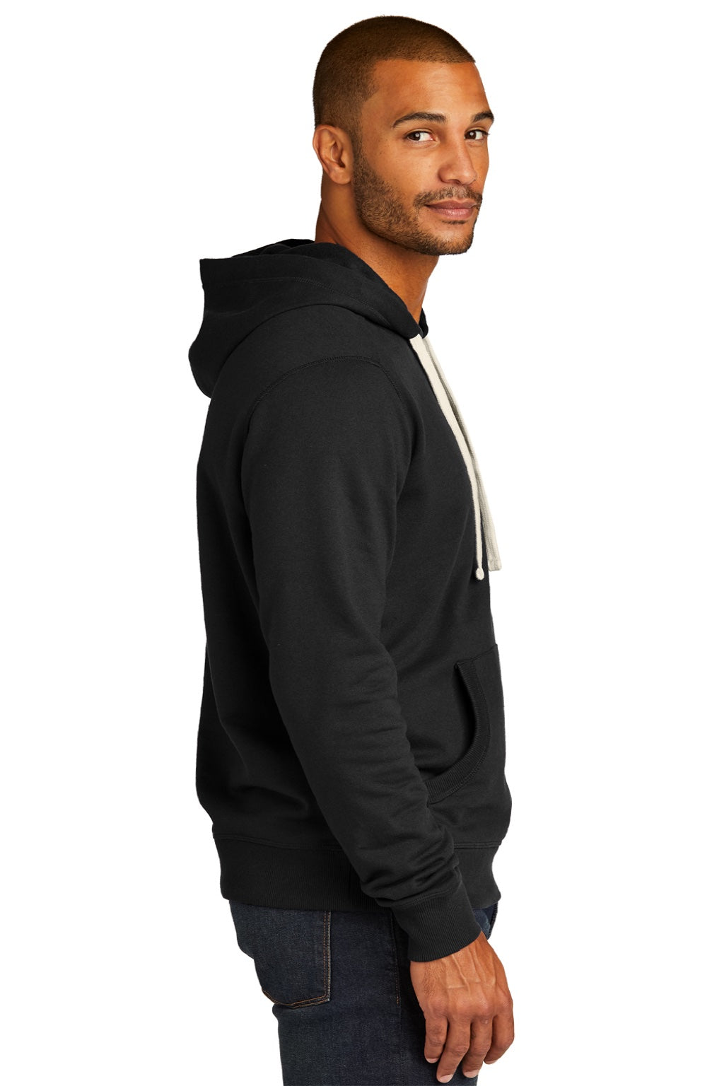District DT8100 Mens Re-Fleece Hooded Sweatshirt Hoodie w/ Pouch Pocket Black Model Side