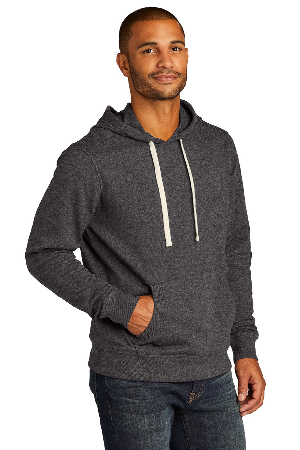 District DT8100 Mens Re-Fleece Hooded Sweatshirt Hoodie w/ Pouch Pocket Heather Charcoal Grey Model 3q