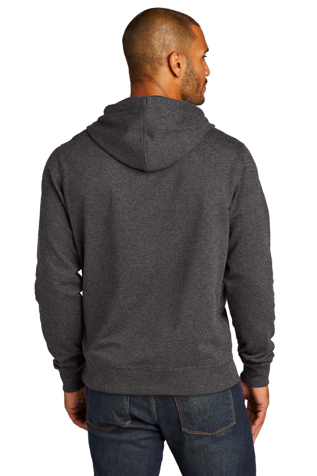 District DT8100 Mens Re-Fleece Hooded Sweatshirt Hoodie w/ Pouch Pocket Heather Charcoal Grey Model Back