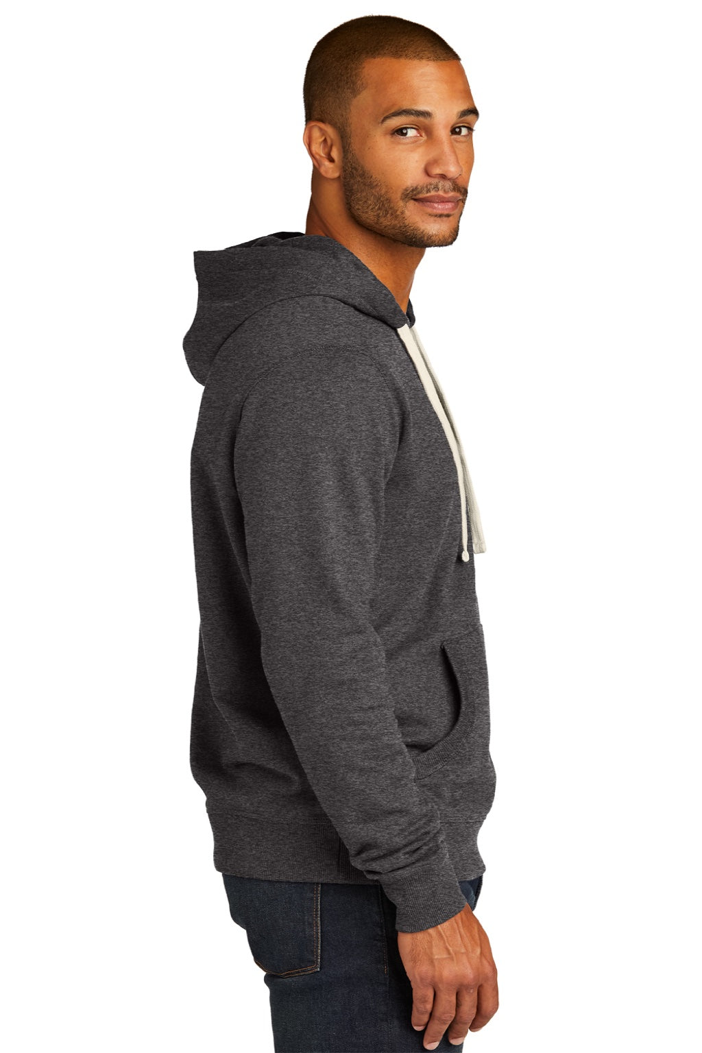 District DT8100 Mens Re-Fleece Hooded Sweatshirt Hoodie w/ Pouch Pocket Heather Charcoal Grey Model Side