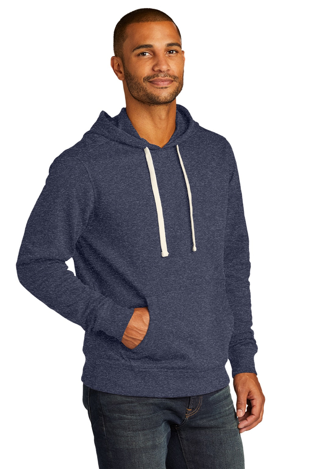 District DT8100 Mens Re-Fleece Hooded Sweatshirt Hoodie w/ Pouch Pocket Heather Navy Blue Model 3q