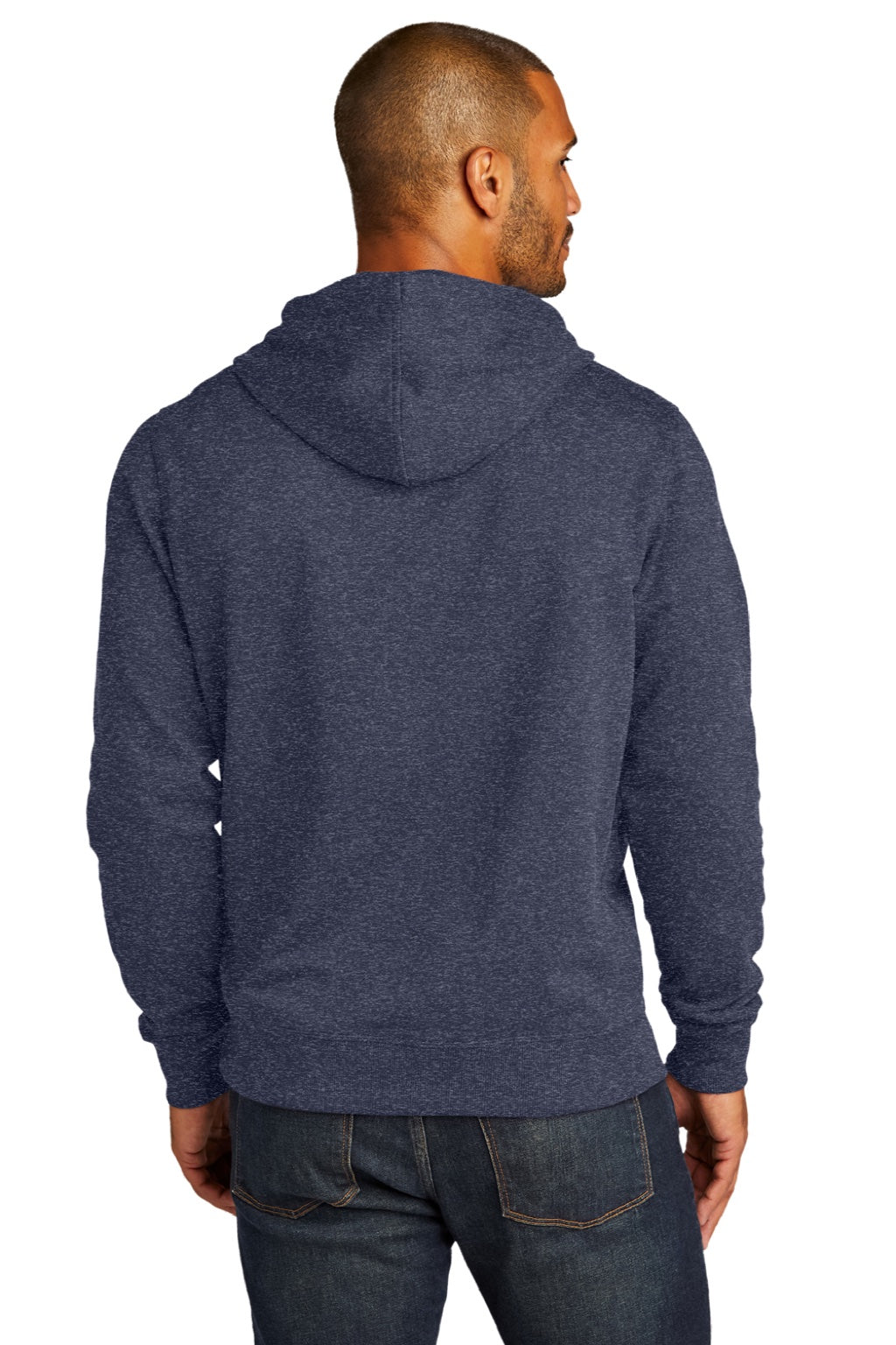 District DT8100 Mens Re-Fleece Hooded Sweatshirt Hoodie w/ Pouch Pocket Heather Navy Blue Model Back