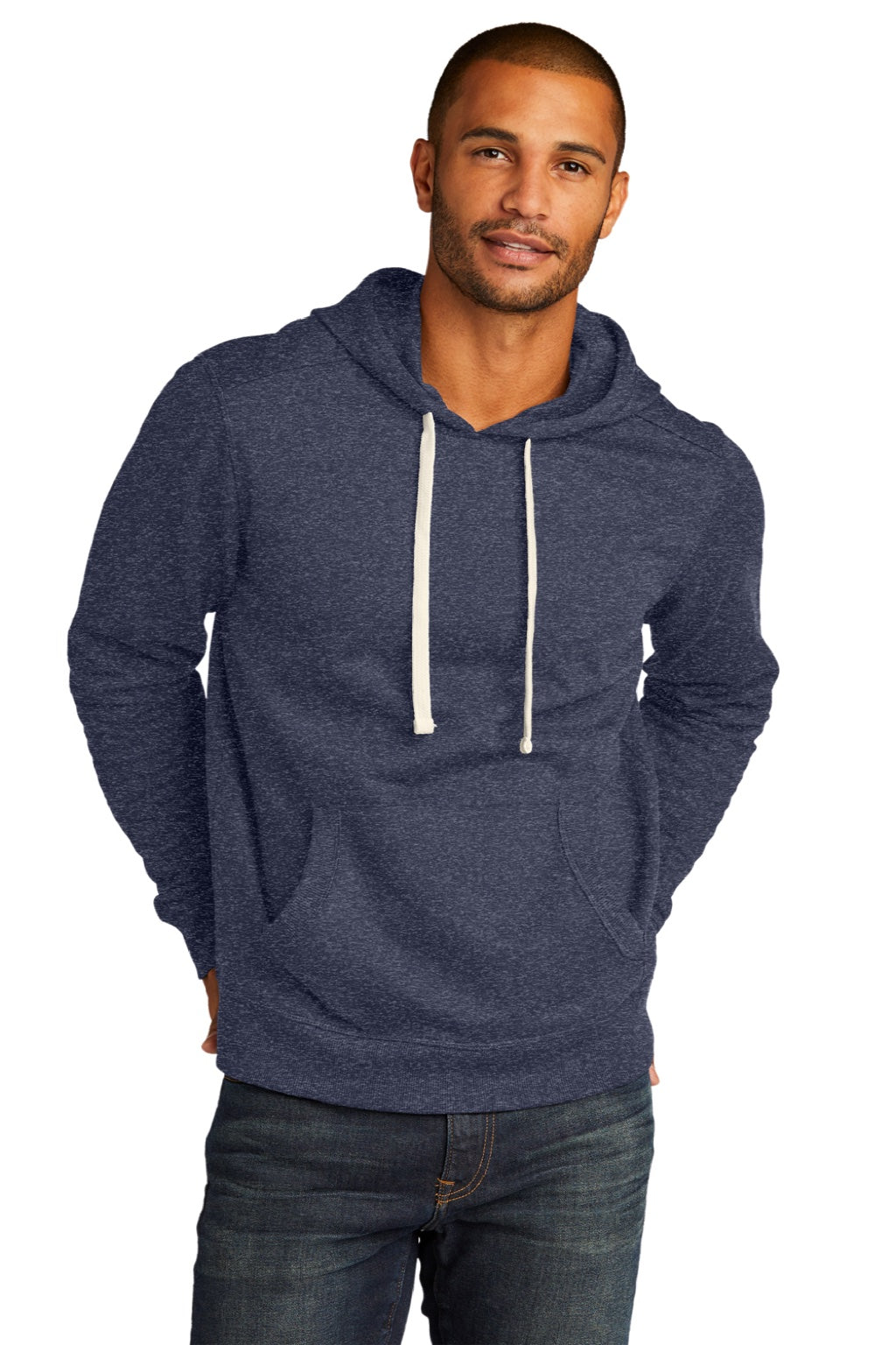 District DT8100 Mens Re-Fleece Hooded Sweatshirt Hoodie w/ Pouch Pocket Heather Navy Blue Model Front