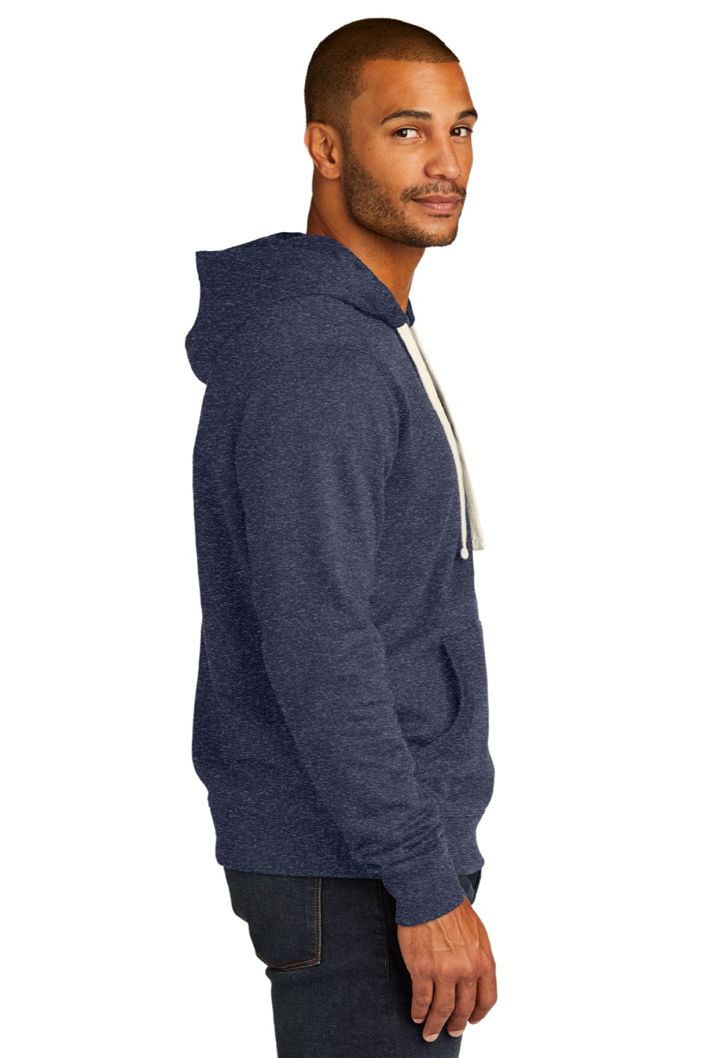 District DT8100 Mens Re-Fleece Hooded Sweatshirt Hoodie w/ Pouch Pocket Heather Navy Blue Model Side