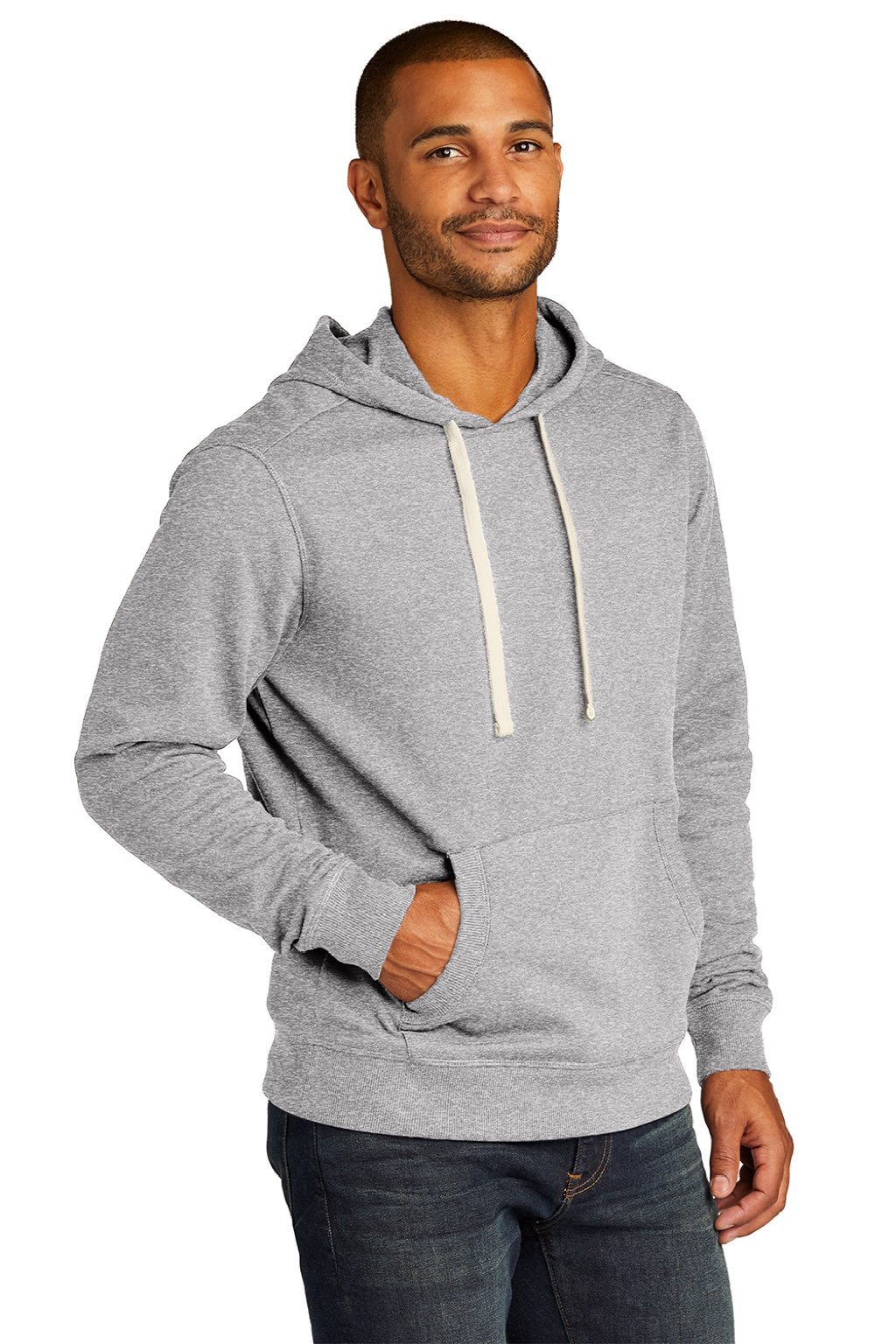 District DT8100 Mens Re-Fleece Hooded Sweatshirt Hoodie w/ Pouch Pocket Heather Light Grey Model 3q