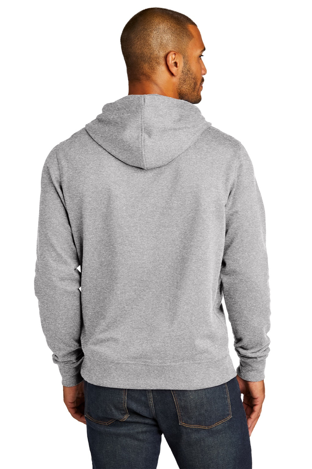 District DT8100 Mens Re-Fleece Hooded Sweatshirt Hoodie w/ Pouch Pocket Heather Light Grey Model Back