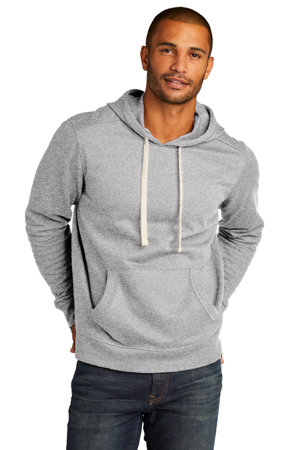 District DT8100 Mens Re-Fleece Hooded Sweatshirt Hoodie w/ Pouch Pocket Heather Light Grey Model Front