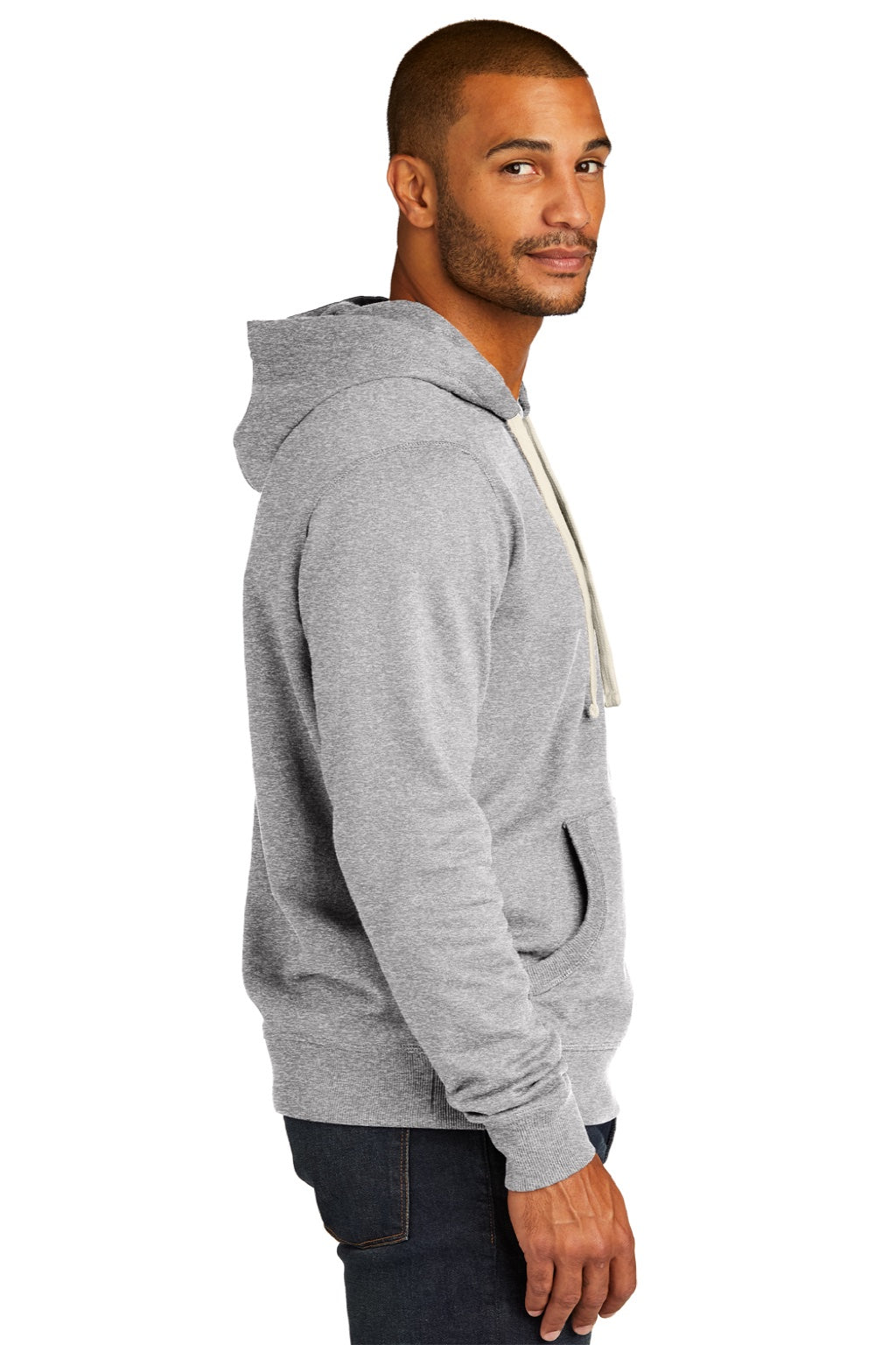 District DT8100 Mens Re-Fleece Hooded Sweatshirt Hoodie w/ Pouch Pocket Heather Light Grey Model Side