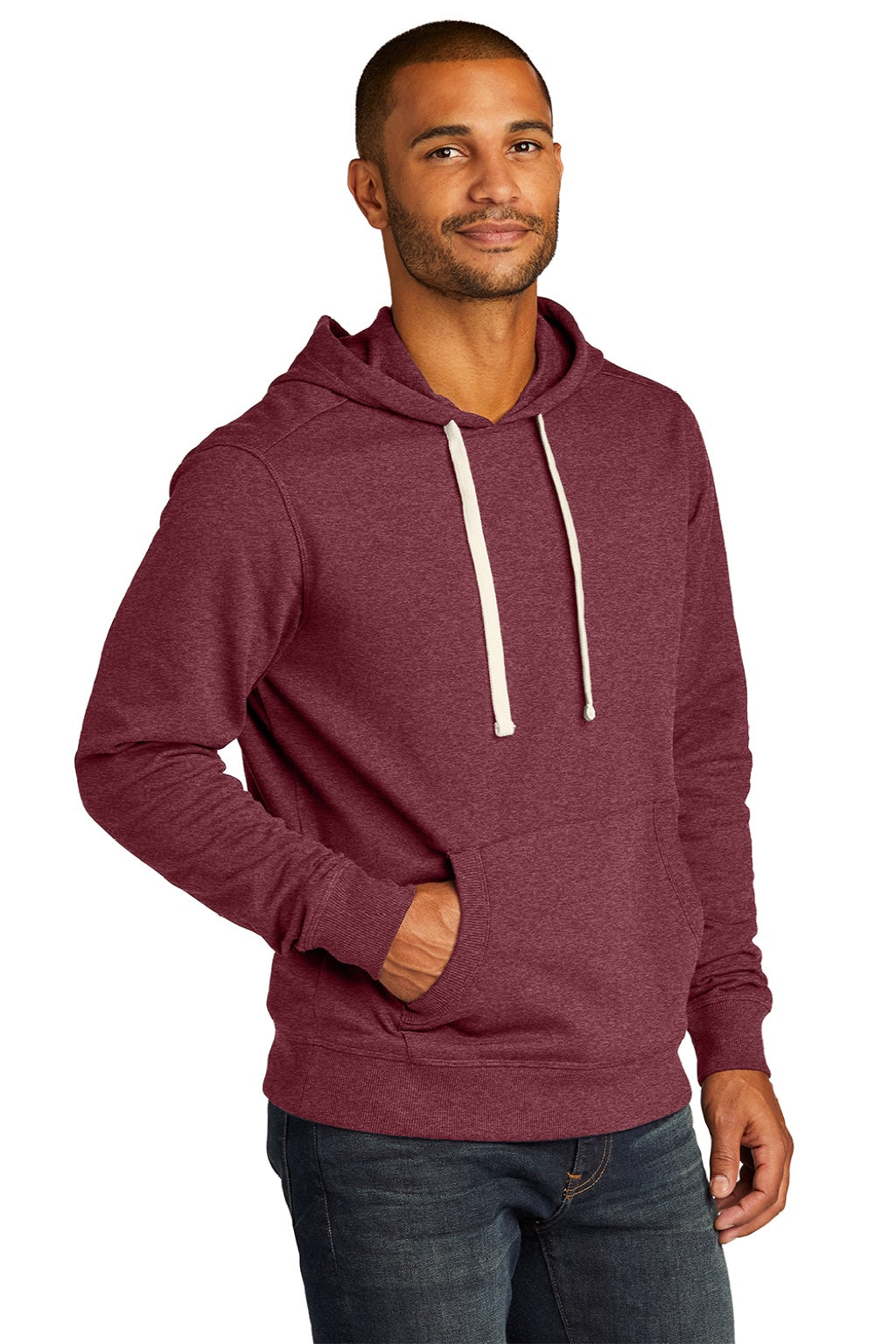 District DT8100 Mens Re-Fleece Hooded Sweatshirt Hoodie w/ Pouch Pocket Heather Maroon Model 3q